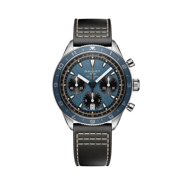 Montre Gallet Multichron Pilot 42 mm Cadran Bleu Bracelet Cuir Noir