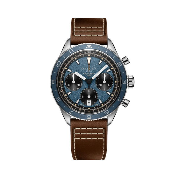 Montre Gallet Multichron Pilot 42 mm Cadran Bleu Bracelet Cuir Brun