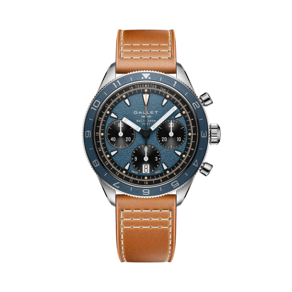 Montre Gallet Multichron Pilot 42 mm Cadran Bleu Bracelet Cuir Orange
