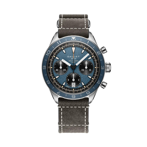 Montre Gallet Multichron Pilot 42 mm Cadran Bleu Bracelet Cuir Gris