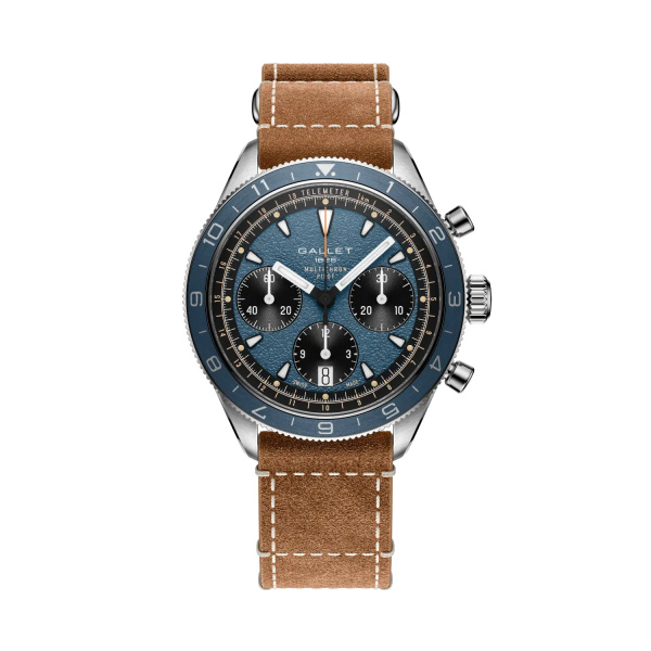 Montre Gallet Multichron Pilot 42 mm Cadran Bleu Bracelet Cuir Beige