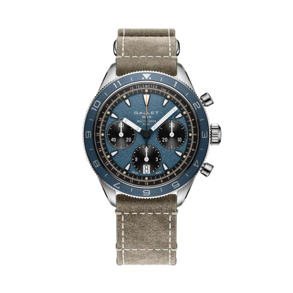 Montre Gallet Multichron Pilot 42 mm Cadran Bleu Bracelet Cuir Vert