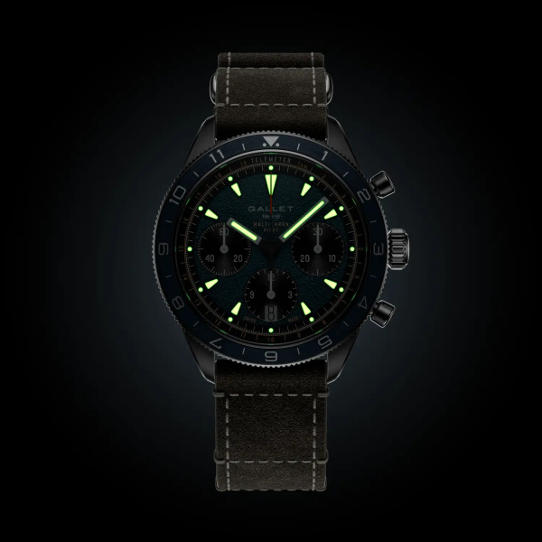 Montre Gallet Multichron Pilot 42 mm Cadran Bleu Bracelet Cuir Vert