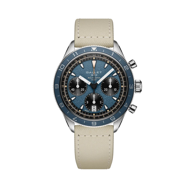 Montre Gallet Multichron Pilot 42 mm Cadran Bleu Bracelet Tissu Beige