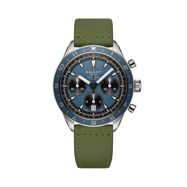 Montre Gallet Multichron Pilot 42 mm Cadran Bleu Bracelet Tissu Vert