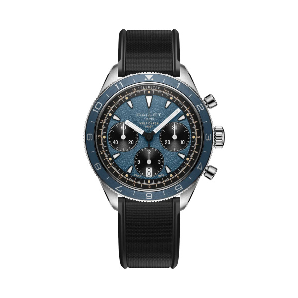 Montre Gallet Multichron Pilot 42 mm Cadran Bleu Bracelet Caoutchouc Noir