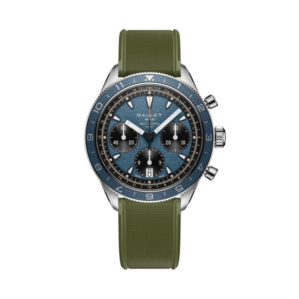 Montre Gallet Multichron Pilot 42 mm Cadran Bleu Bracelet Caoutchouc Vert