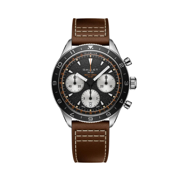 Montre Gallet Multichron Pilot 42 mm Cadran Noir Bracelet Cuir Brun