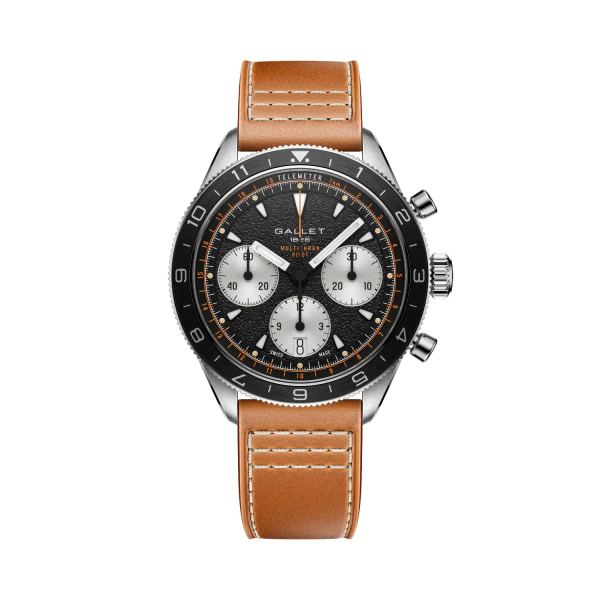 Montre Gallet Multichron Pilot 42 mm Cadran Noir Bracelet Cuir Orange