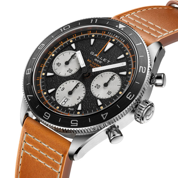 Montre Gallet Multichron Pilot 42 mm Cadran Noir Bracelet Cuir Orange