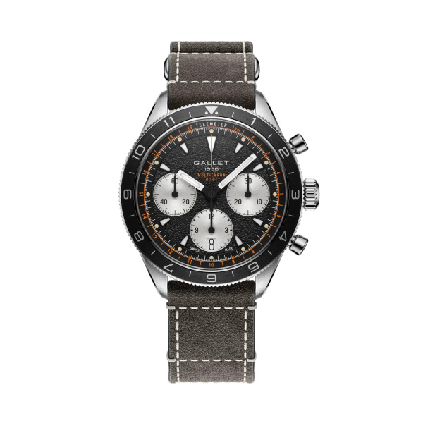 Montre Gallet Multichron Pilot 42 mm Cadran Noir Bracelet Cuir Gris