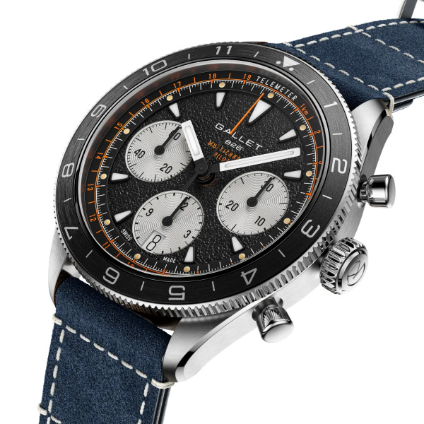 Montre Gallet Multichron Pilot 42 mm Cadran Noir Bracelet Cuir Bleu