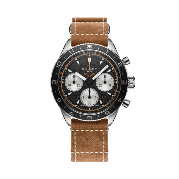 Montre Gallet Multichron Pilot 42 mm Cadran Noir Bracelet Cuir Beige