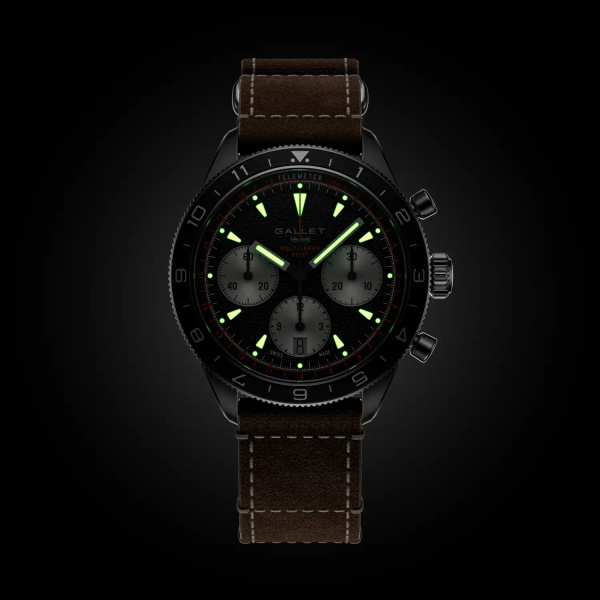 Montre Gallet Multichron Pilot 42 mm Cadran Noir Bracelet Cuir Beige