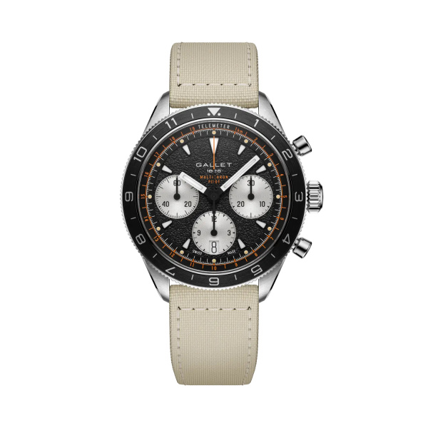 Montre Gallet Multichron Pilot 42 mm Cadran Noir Bracelet Tissu Beige