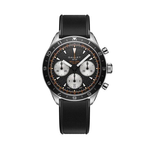 Montre Gallet Multichron Pilot 42 mm Cadran Noir Bracelet Caoutchouc Noir