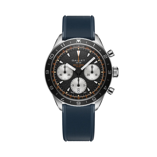 Montre Gallet Multichron Pilot 42 mm Cadran Noir Bracelet Caoutchouc Bleu