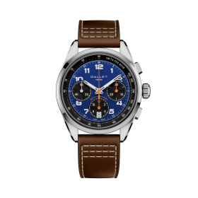 Montre Gallet Multichron Sport 41 mm Cadran Bleu Bracelet Cuir Brun