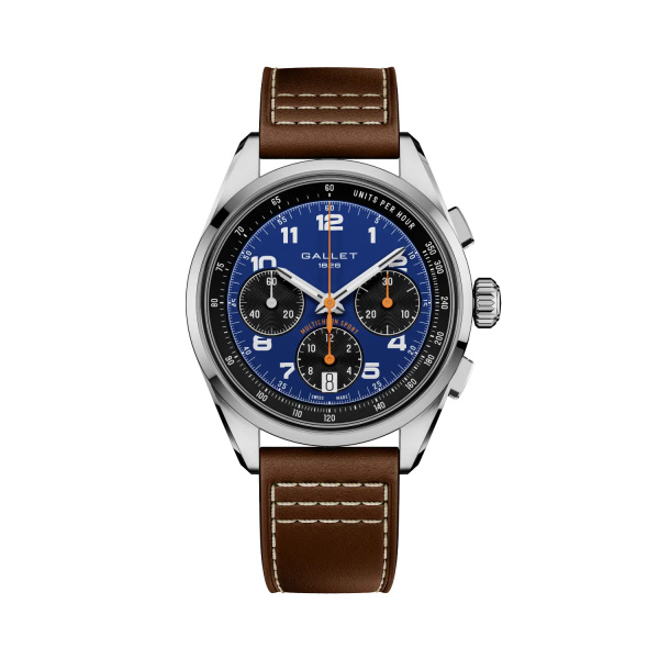 Montre Gallet Multichron Sport 41 mm Cadran Bleu Bracelet Cuir Brun