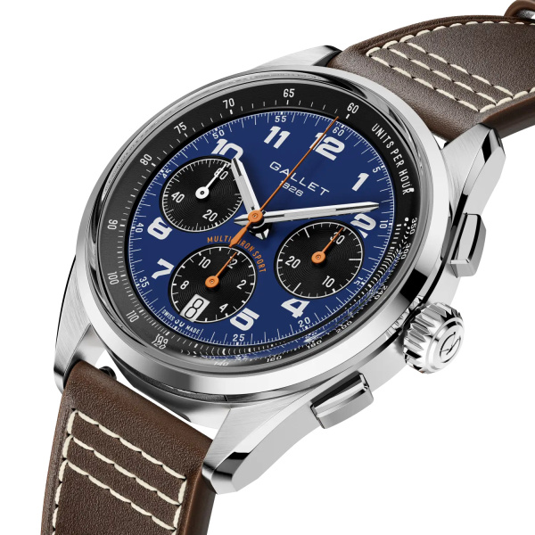 Montre Gallet Multichron Sport 41 mm Cadran Bleu Bracelet Cuir Brun