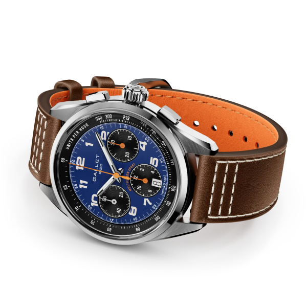 Montre Gallet Multichron Sport 41 mm Cadran Bleu Bracelet Cuir Brun