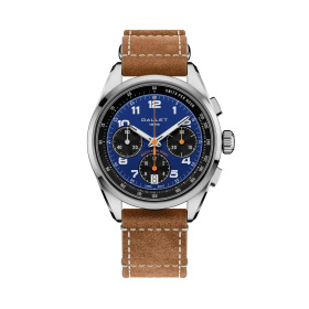 Montre Gallet Multichron Sport 41 mm Cadran Bleu Bracelet Cuir Beige