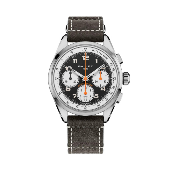 Montre Gallet Multichron Sport 41 mm Cadran Noir Bracelet Cuir Gris