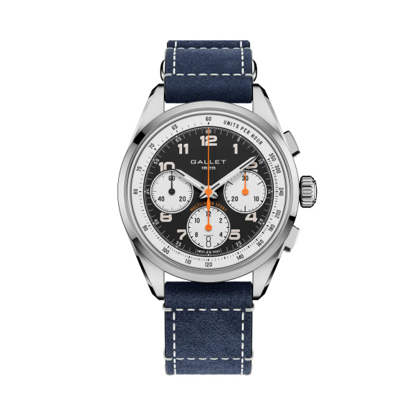 Montre Gallet Multichron Sport 41 mm Cadran Noir Bracelet Cuir Bleu