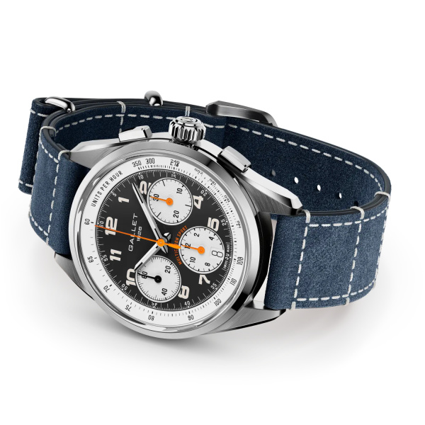 Montre Gallet Multichron Sport 41 mm Cadran Noir Bracelet Cuir Bleu