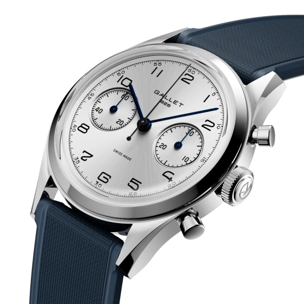 Montre Gallet Classics Tribute to Silverlight 38 mm Cadran Argenté Bracelet Caoutchouc Bleu