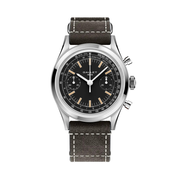 Montre Gallet Classics Tribute to Multichron 45 38 mm Cadran Noir Bracelet Cuir Gris