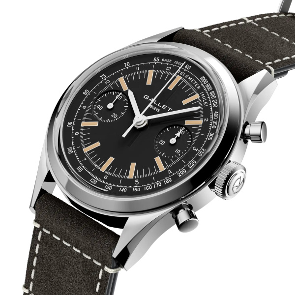 Montre Gallet Classics Tribute to Multichron 45 38 mm Cadran Noir Bracelet Cuir Gris