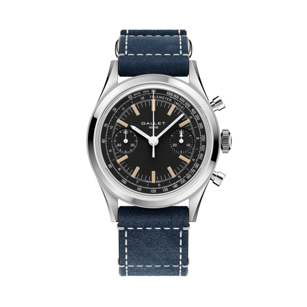 Montre Gallet Classics Tribute to Multichron 45 38 mm Cadran Noir Bracelet Cuir Bleu