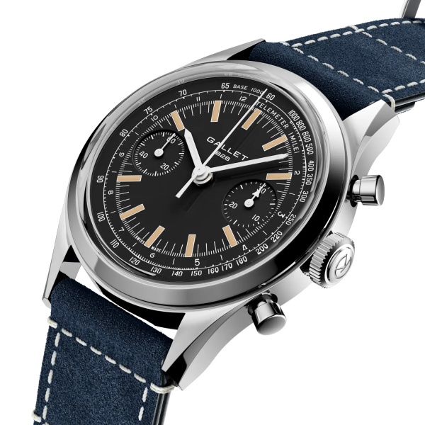 Montre Gallet Classics Tribute to Multichron 45 38 mm Cadran Noir Bracelet Cuir Bleu