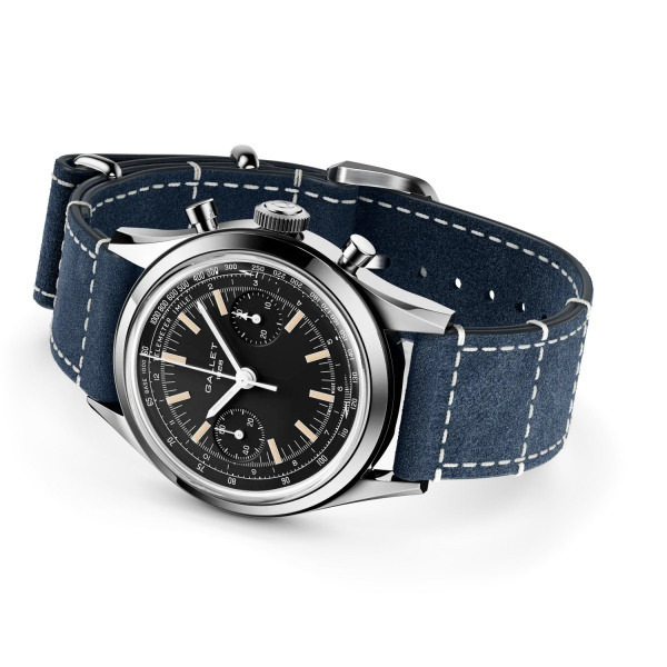 Montre Gallet Classics Tribute to Multichron 45 38 mm Cadran Noir Bracelet Cuir Bleu