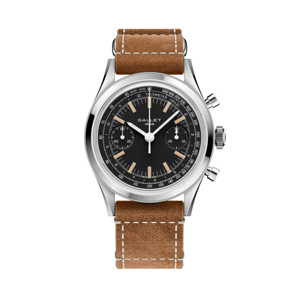 Montre Gallet Classics Tribute to Multichron 45 38 mm Cadran Noir Bracelet Cuir Beige