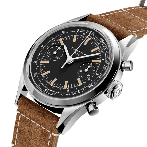 Montre Gallet Classics Tribute to Multichron 45 38 mm Cadran Noir Bracelet Cuir Beige