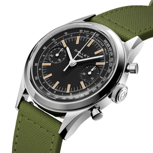 Montre Gallet Classics Tribute to Multichron 45 38 mm Cadran Noir Bracelet Tissu Vert