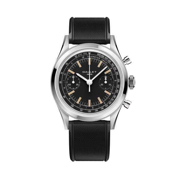 Montre Gallet Classics Tribute to Multichron 45 38 mm Cadran Noir Bracelet Caoutchouc Noir