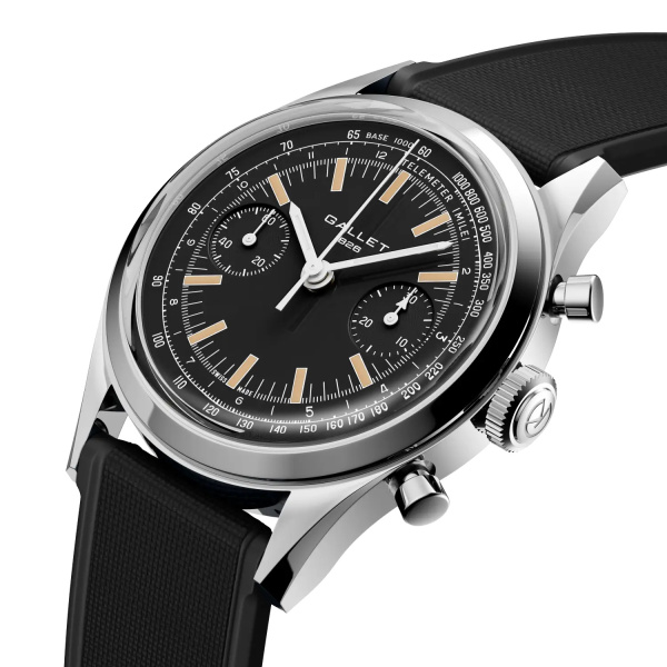 Montre Gallet Classics Tribute to Multichron 45 38 mm Cadran Noir Bracelet Caoutchouc Noir