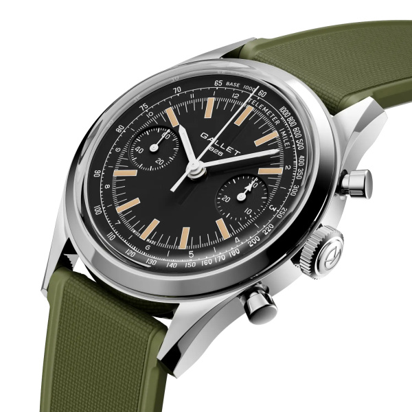 Montre Gallet Classics Tribute to Multichron 45 38 mm Cadran Noir Bracelet Caoutchouc Vert