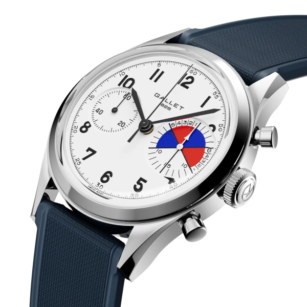 Montre Gallet Classics Tribute to Yachting Big Eye 38 mm Cadran Blanc Bracelet Caoutchouc Bleu
