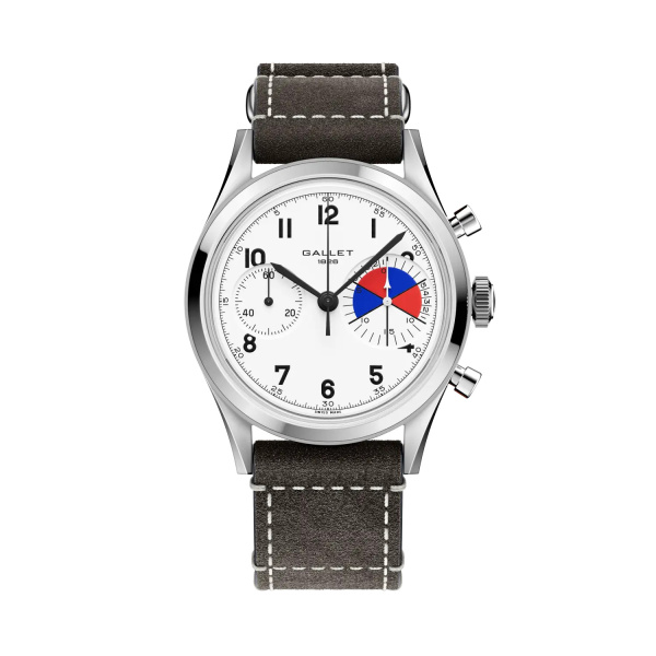 Montre Gallet Classics Tribute to Yachting Big Eye 38 mm Cadran Blanc Bracelet Cuir Gris