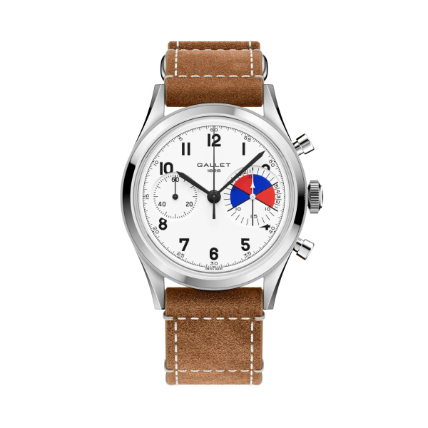 Montre Gallet Classics Tribute to Yachting Big Eye 38 mm Cadran Blanc Bracelet Cuir Beige