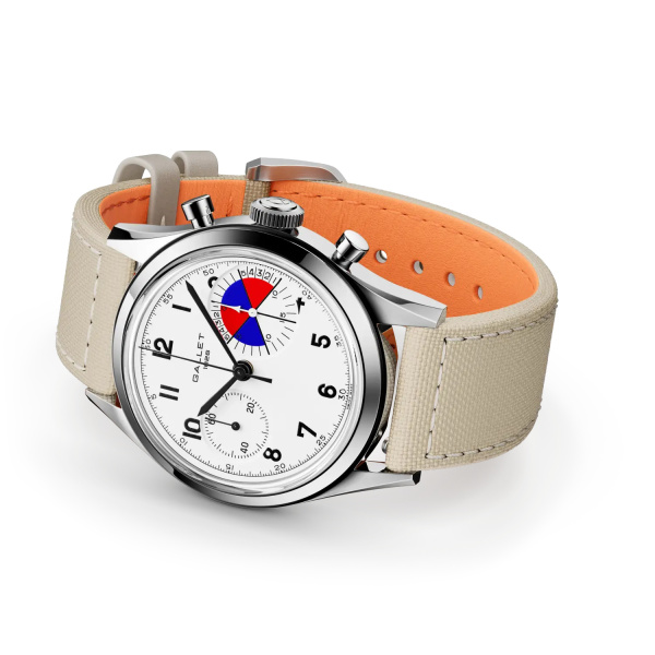 Montre Gallet Classics Tribute to Yachting Big Eye 38 mm Cadran Blanc Bracelet Tissu Beige