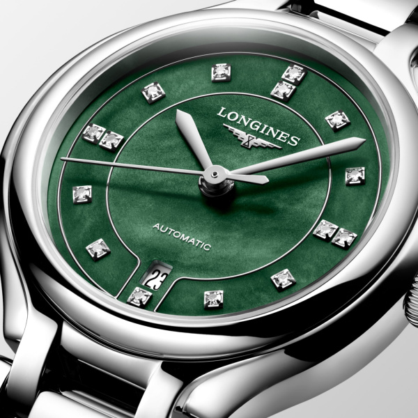 Montre Longines PrimaLuna 30 mm Automatique Cadran Nacre Vert Bracelet Acier