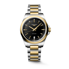 Montre Longines Conquest 38 mm Quartz Cadran Noir Sablé Acier et PVD Jaune