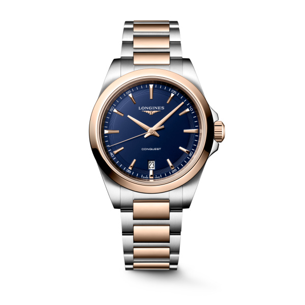 Montre Longines Conquest 38 mm Quartz Cadran Bleu Sablé Acier et PVD Rose
