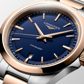Montre Longines Conquest 38 mm Quartz Cadran Bleu Sablé Acier et PVD Rose