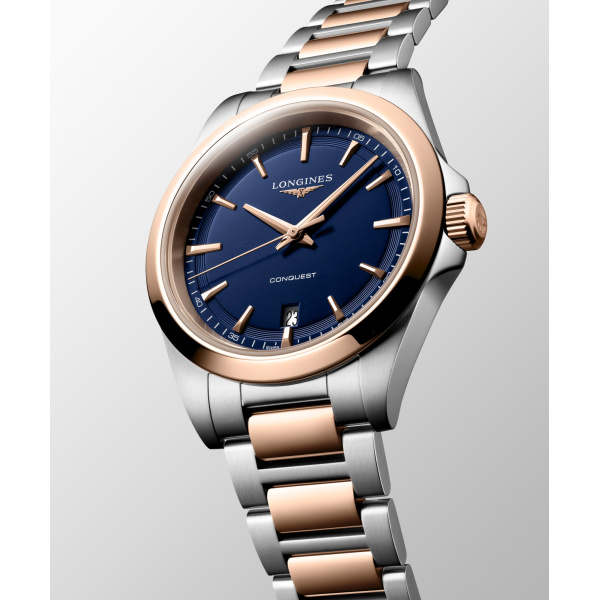 Montre Longines Conquest 38 mm Quartz Cadran Bleu Sablé Acier et PVD Rose